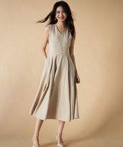 Vネックフレアロング丈ワンピースsdp0064 ベージュ