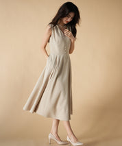 Vネックフレアロング丈ワンピースsdp0064 ベージュ