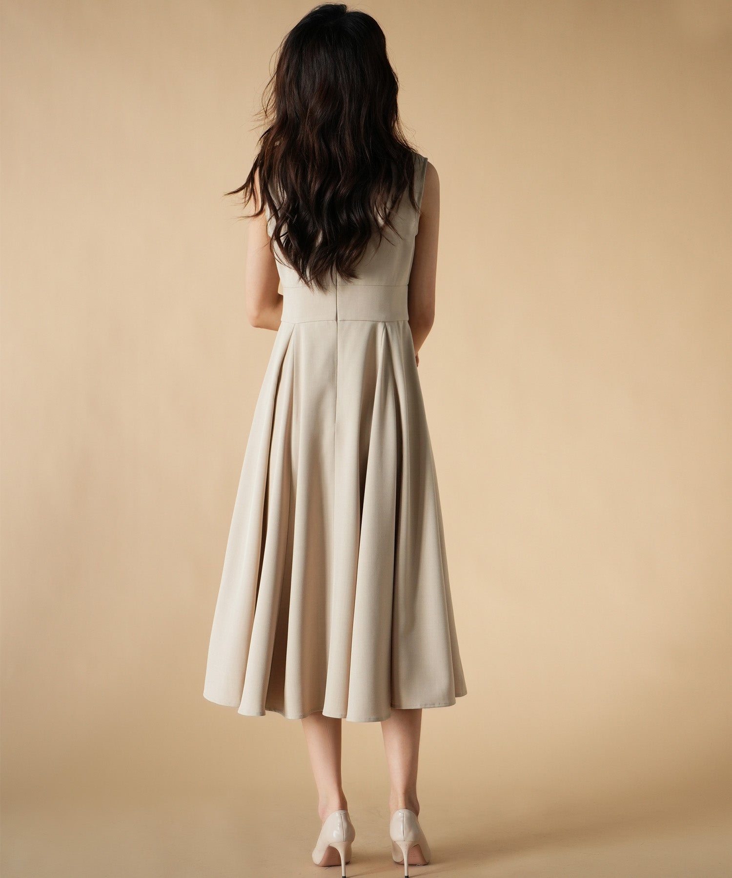 Vネックフレアロング丈ワンピースsdp0064 ベージュ