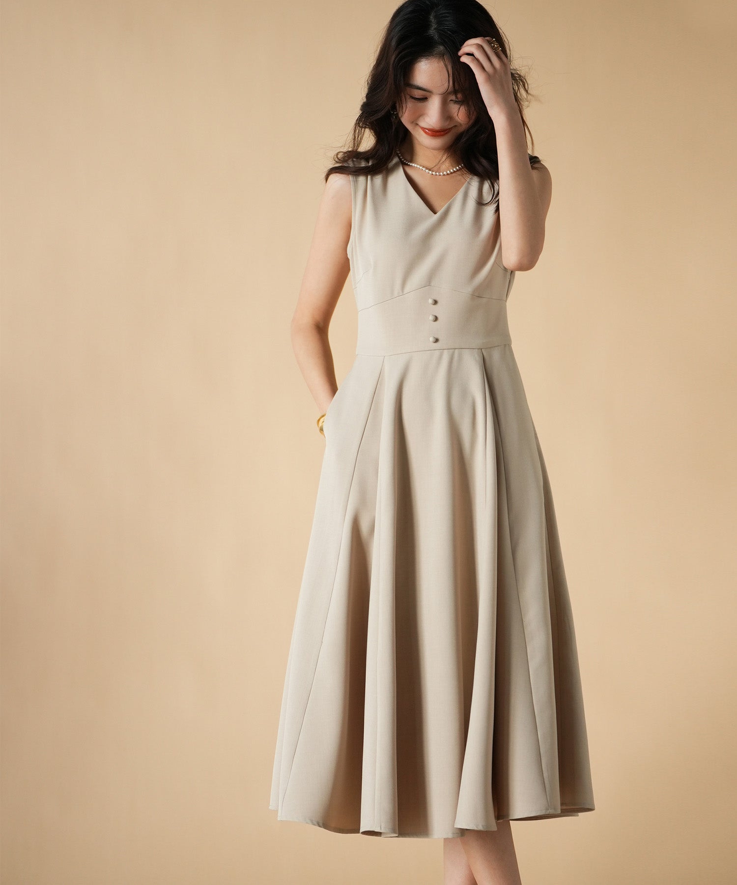 Vネックフレアロング丈ワンピースsdp0064 ベージュ