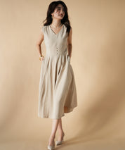 Vネックフレアロング丈ワンピースsdp0064 ベージュ