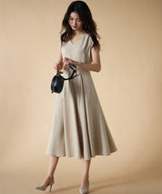 Vネックフレアロング丈ワンピースsdp0064 ベージュ