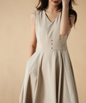 Vネックフレアロング丈ワンピースsdp0064 ベージュ