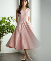 Vネックフレアロング丈ワンピースsdp0064 ピンク