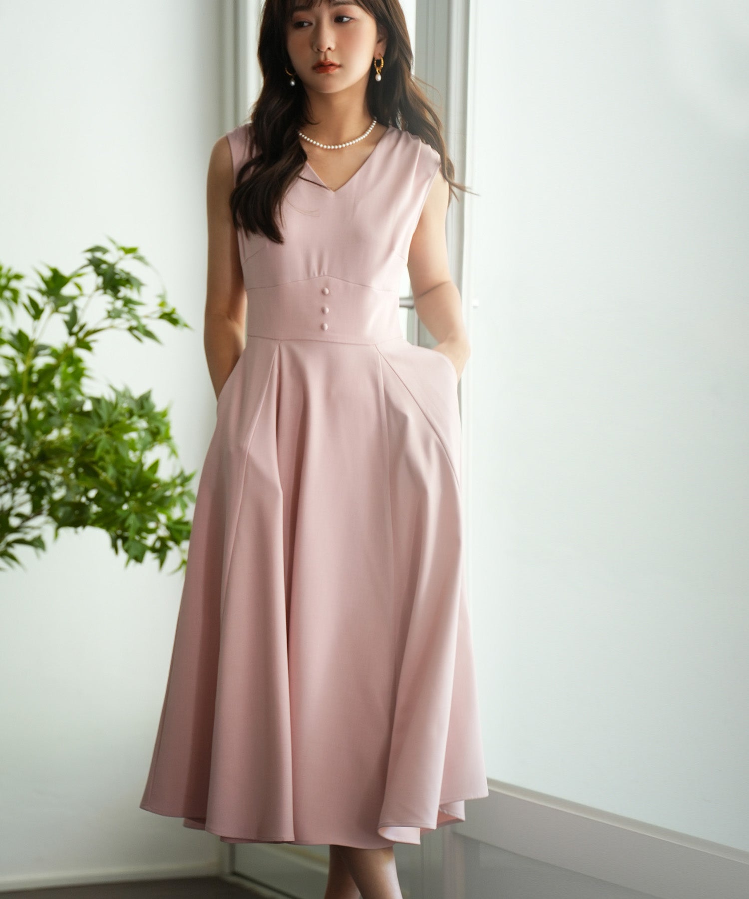 Vネックフレアロング丈ワンピースsdp0064 ピンク