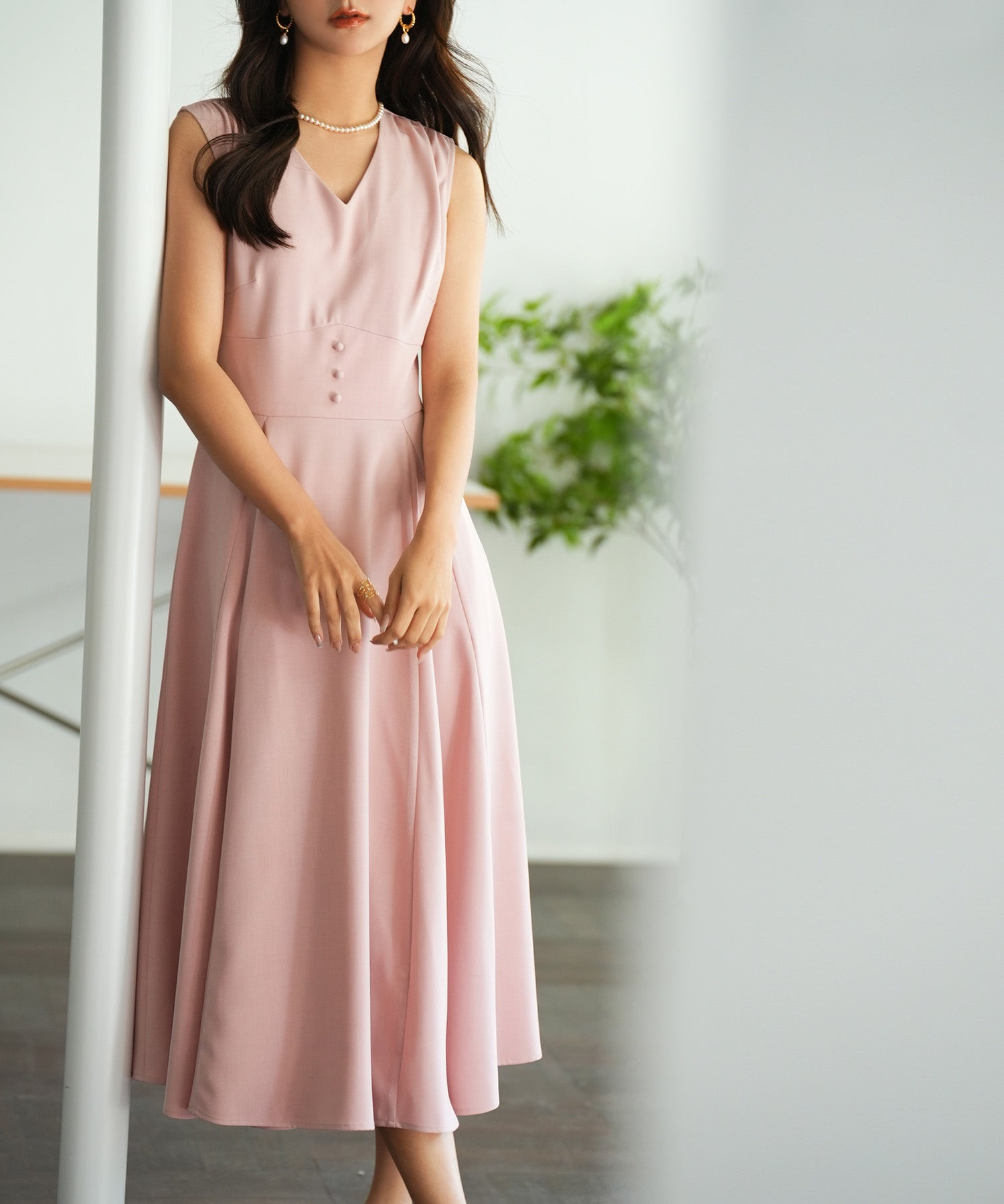 Vネックフレアロング丈ワンピースsdp0064 ピンク