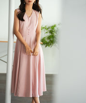 Vネックフレアロング丈ワンピースsdp0064 ピンク