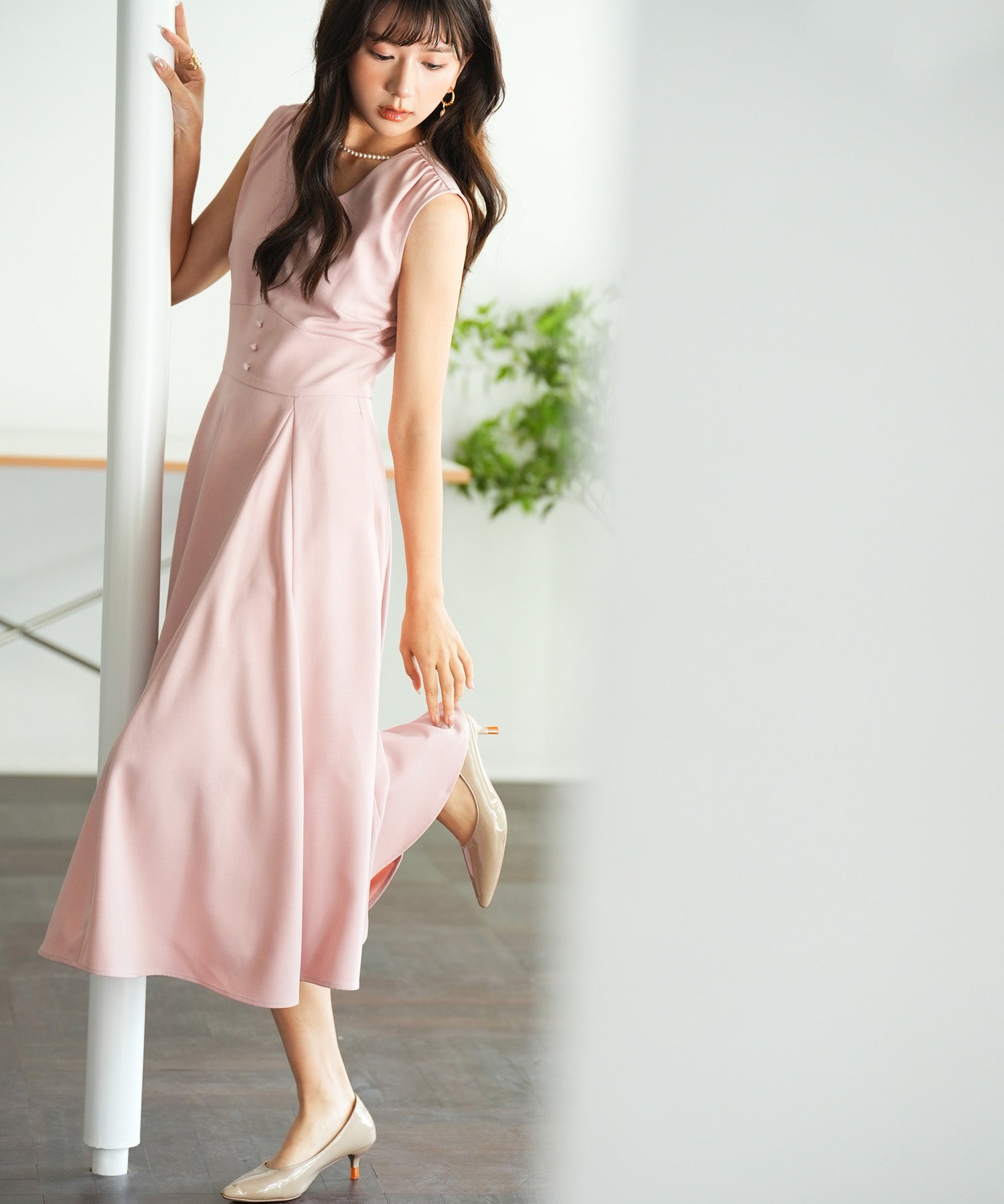 Vネックフレアロング丈ワンピースsdp0064 ピンク