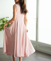 Vネックフレアロング丈ワンピースsdp0064 ピンク