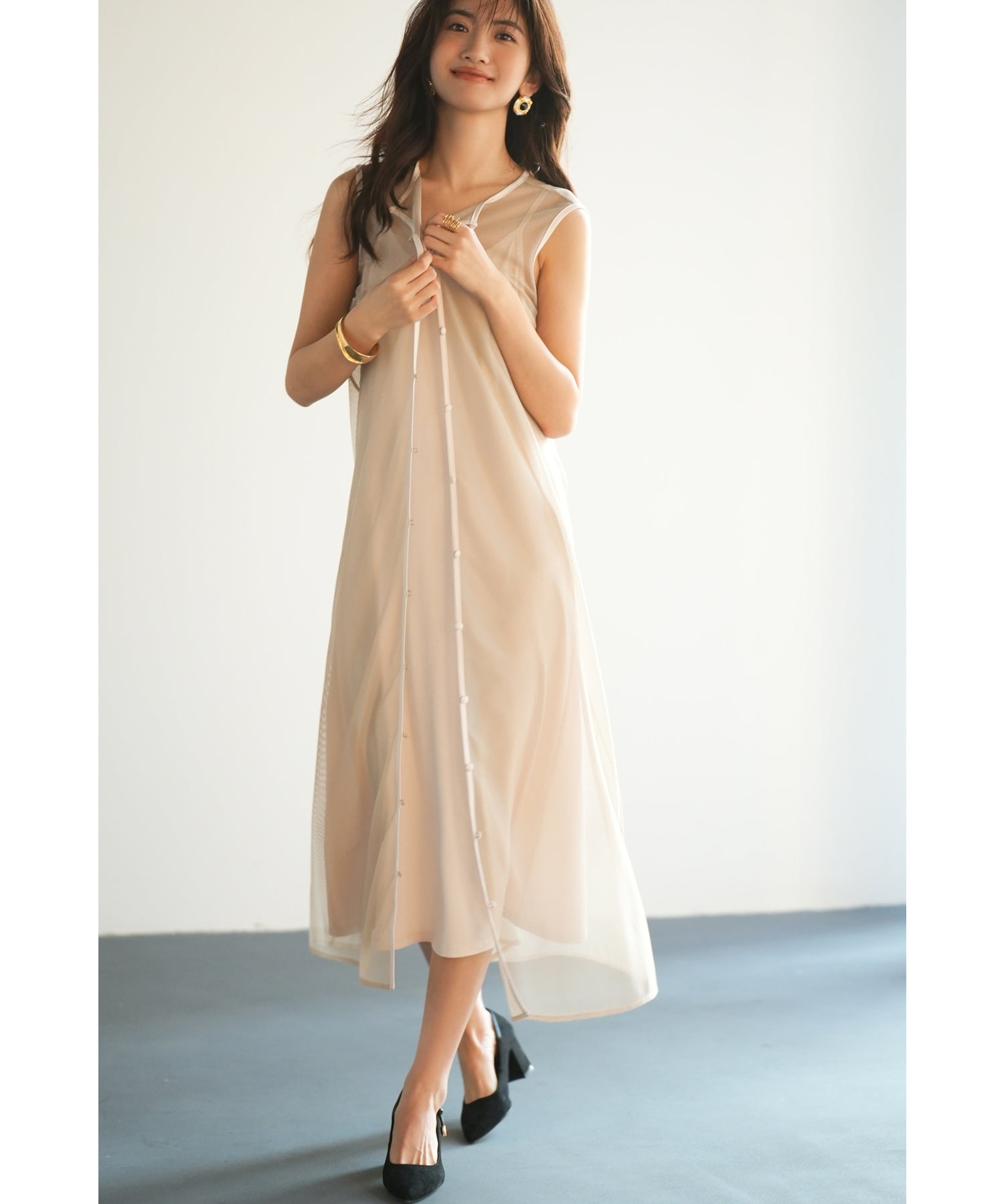 ッシュカーディガンとキャミワンピーメスの2点セットsdp0065 ベージュ