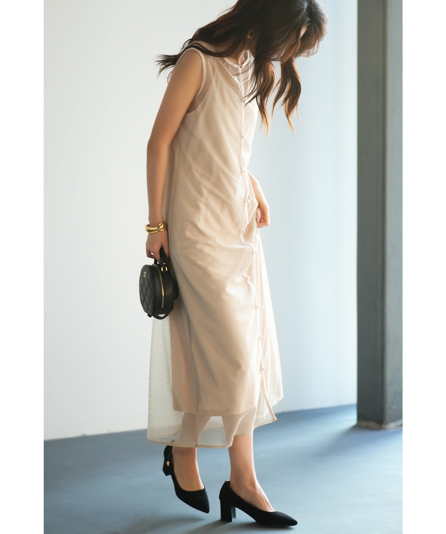 ッシュカーディガンとキャミワンピーメスの2点セットsdp0065 ベージュ