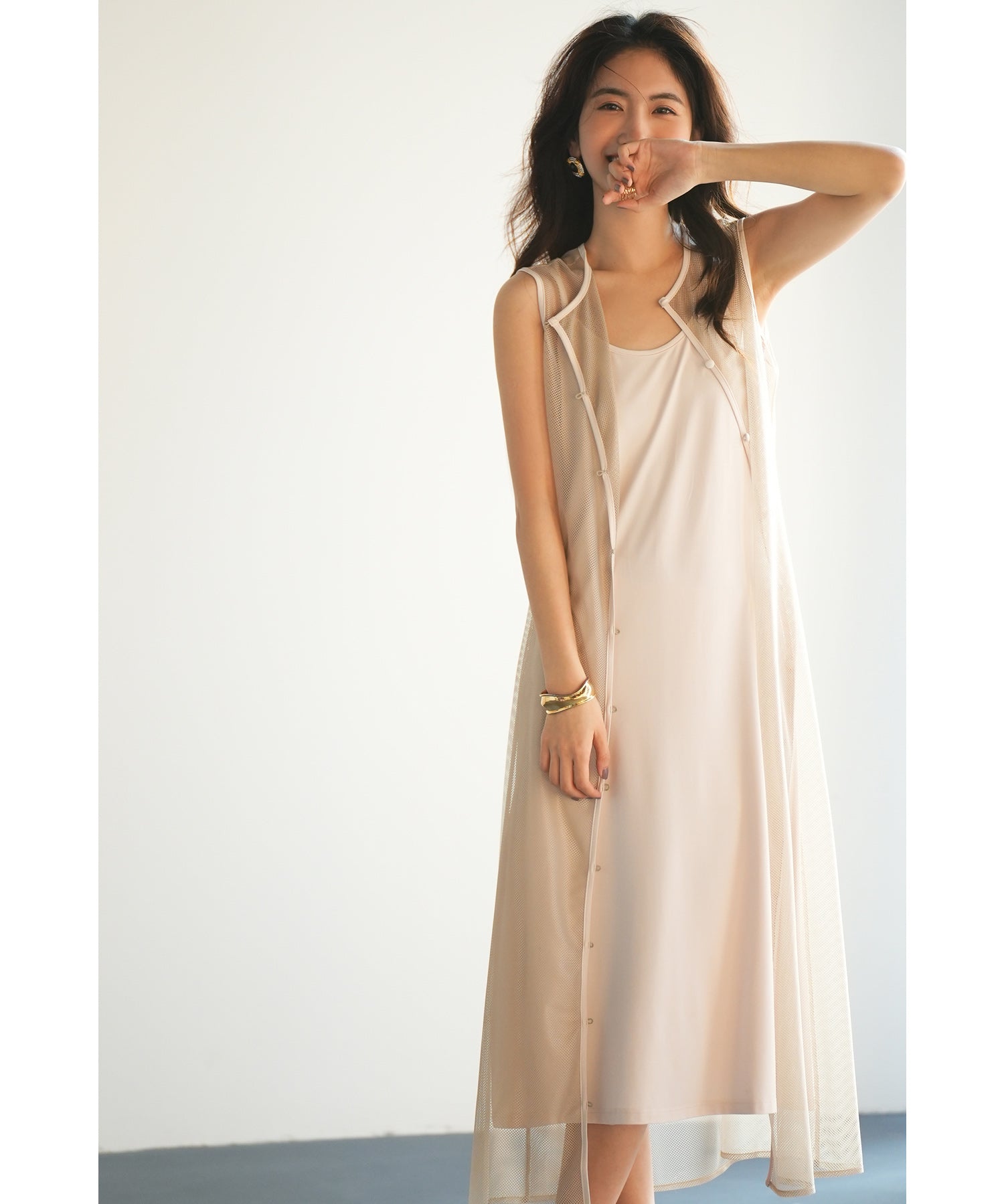 ッシュカーディガンとキャミワンピーメスの2点セットsdp0065 ベージュ