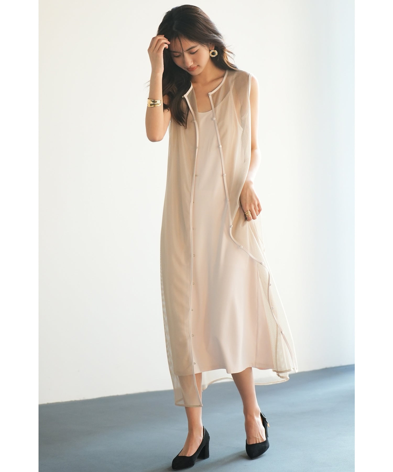 ッシュカーディガンとキャミワンピーメスの2点セットsdp0065 ベージュ