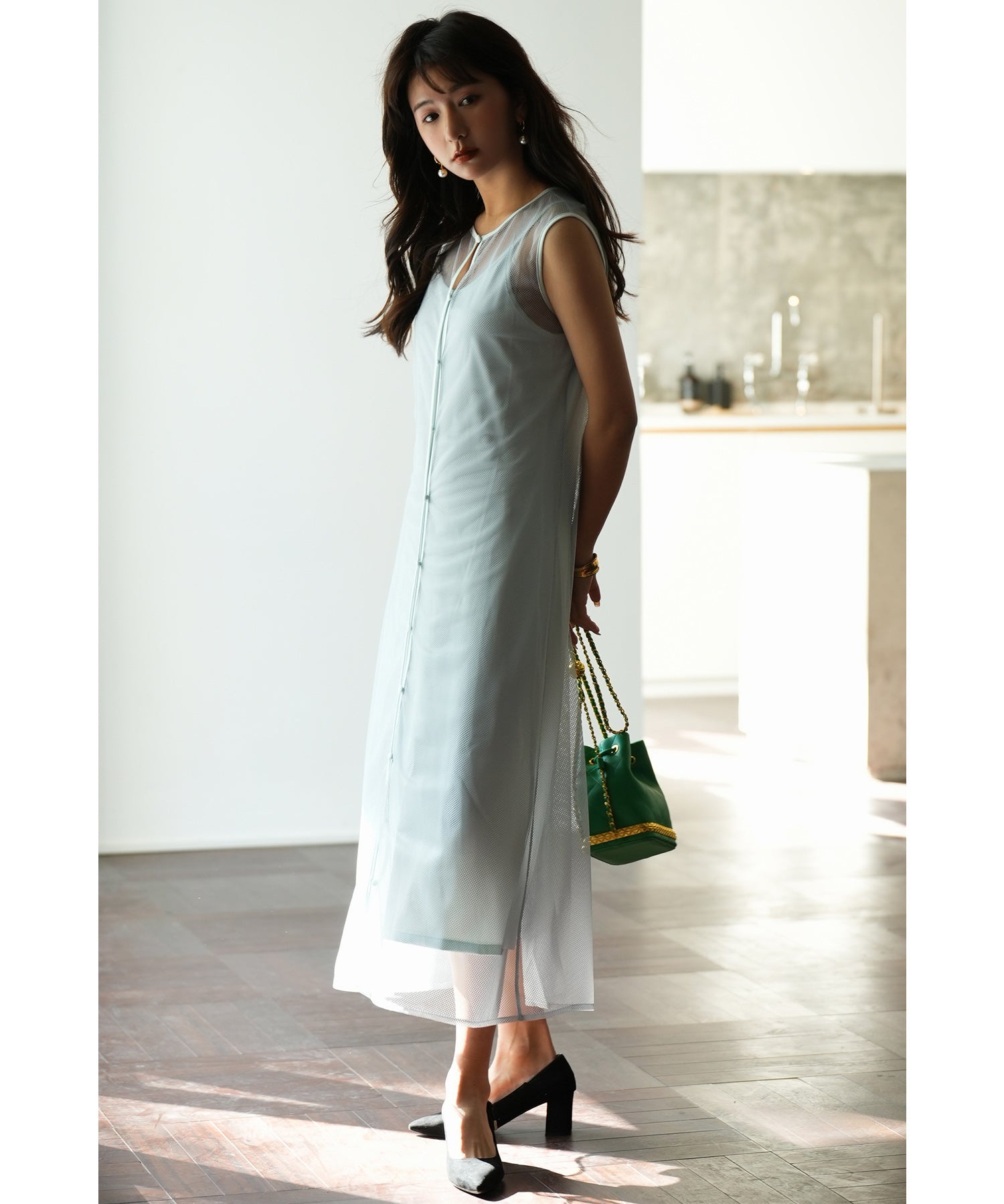 メッシュカーディガンとキャミワンピースの2点セットsdp0065 グレー