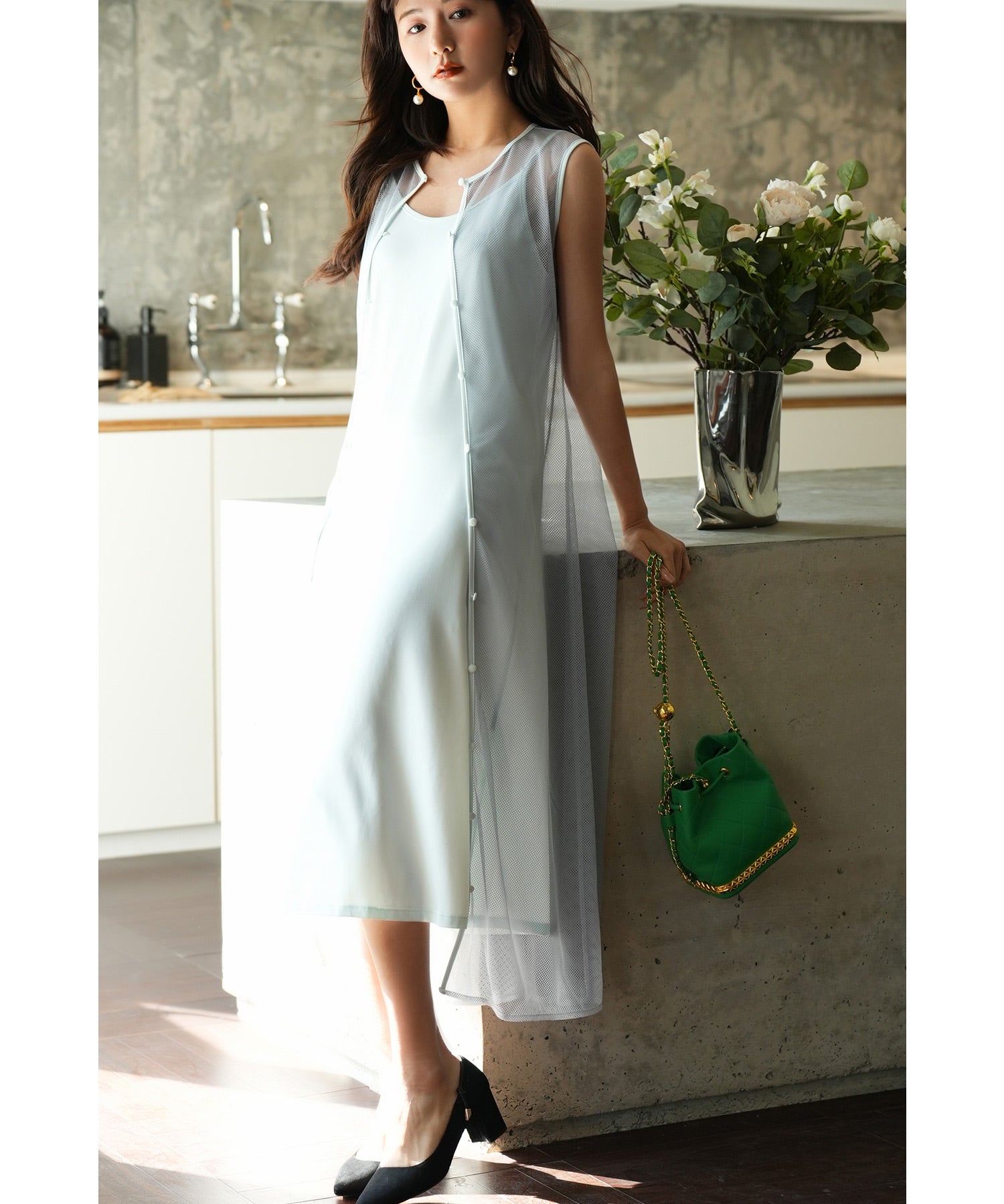 メッシュカーディガンとキャミワンピースの2点セットsdp0065 グレー