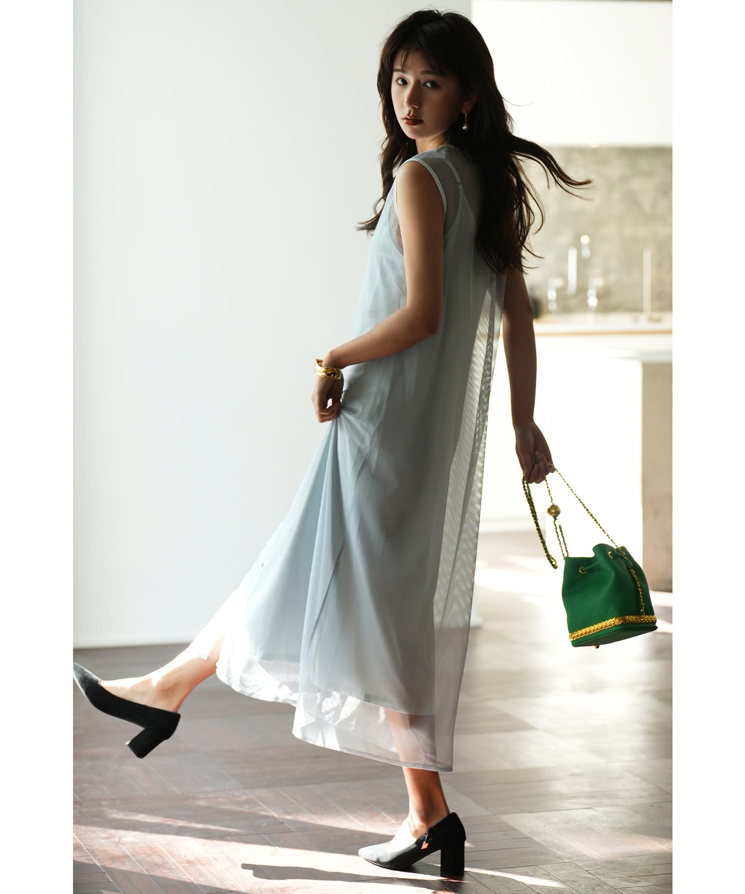 メッシュカーディガンとキャミワンピースの2点セットsdp0065 グレー