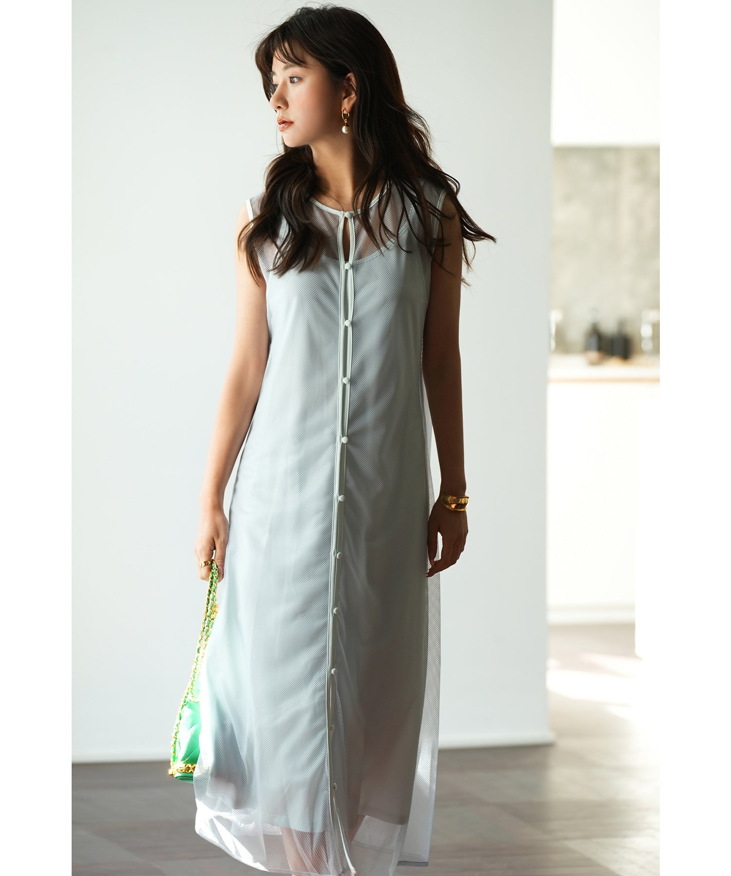 メッシュカーディガンとキャミワンピースの2点セットsdp0065 グレー