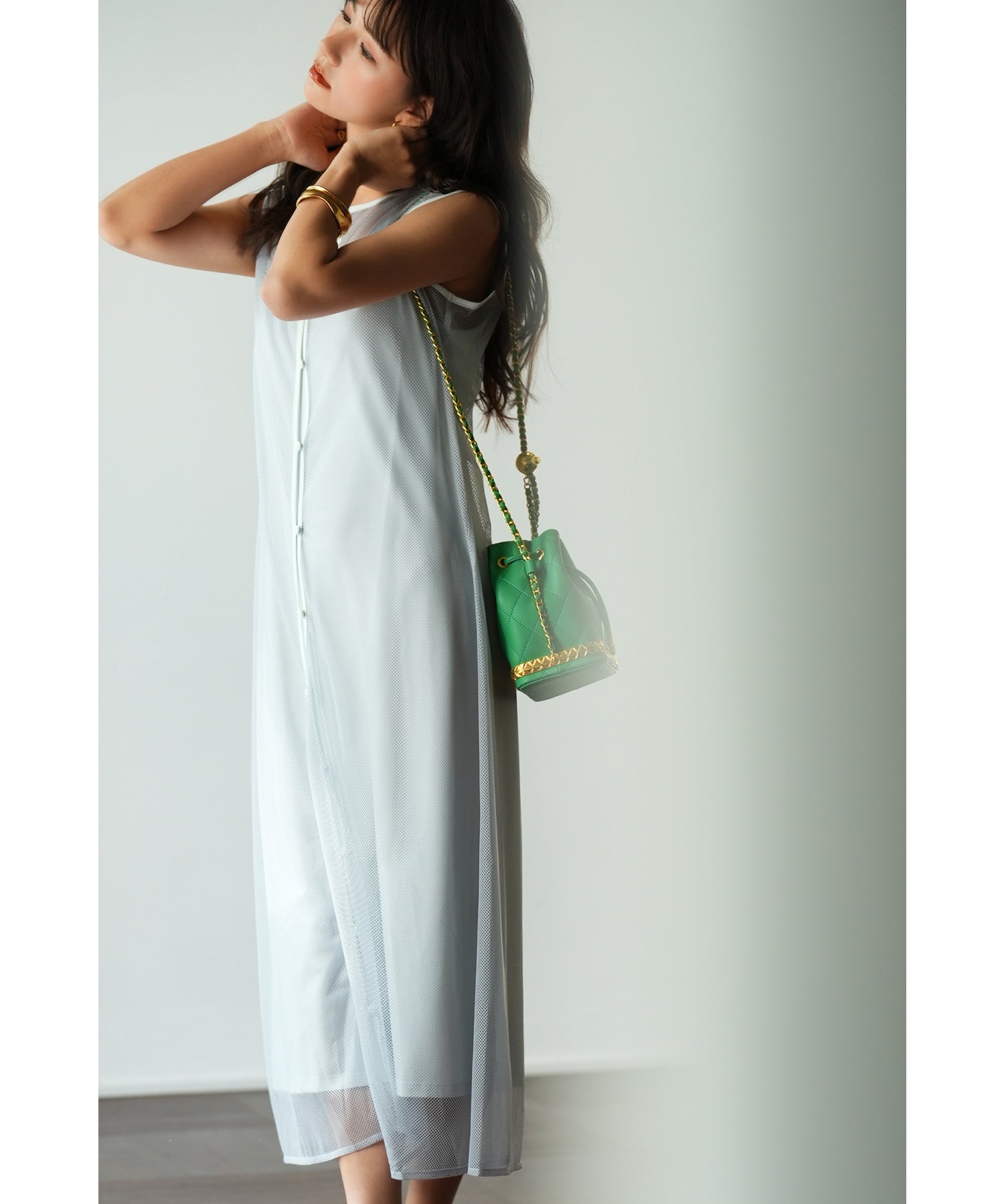 メッシュカーディガンとキャミワンピースの2点セットsdp0065 グレー