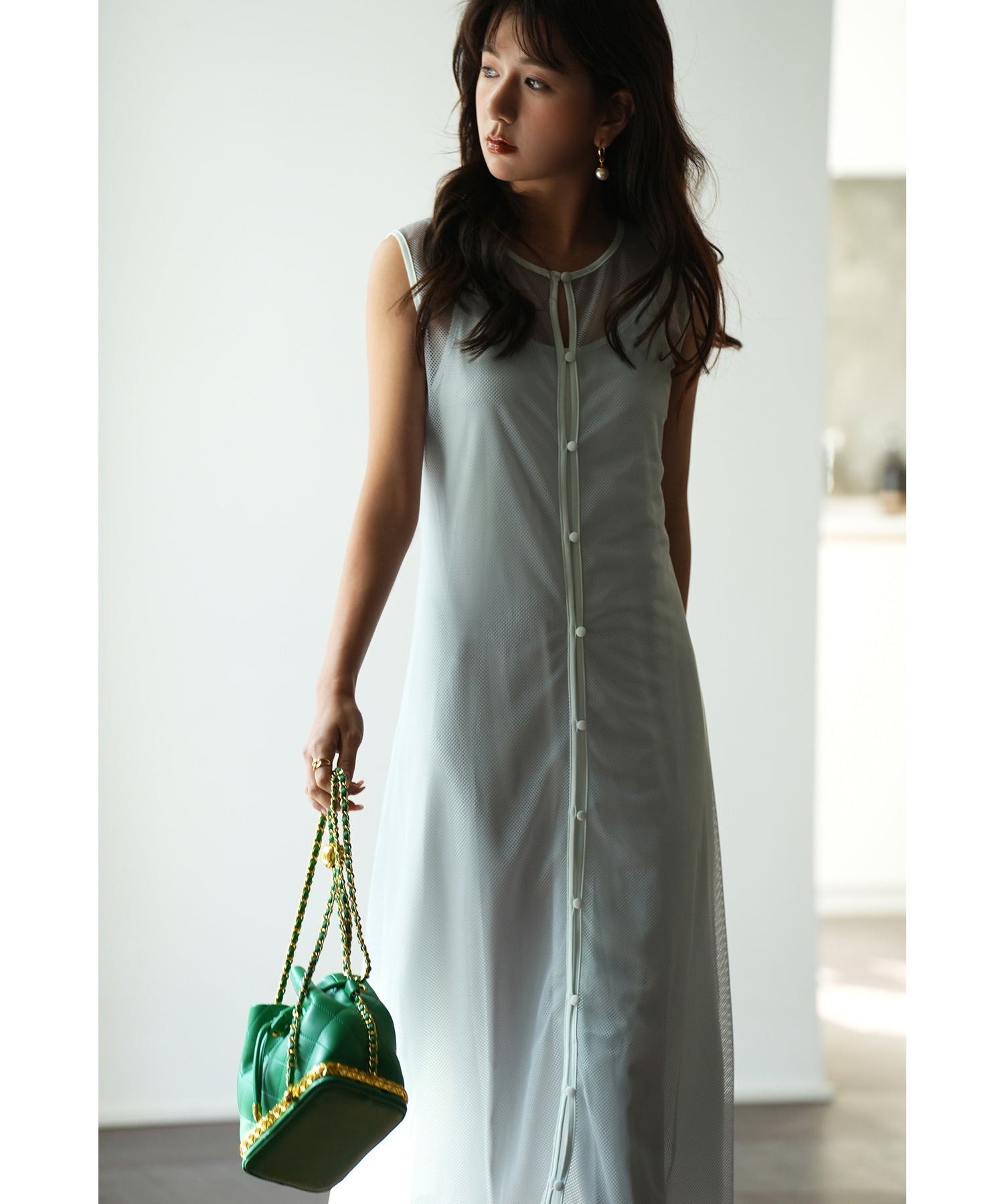 メッシュカーディガンとキャミワンピースの2点セットsdp0065 グレー