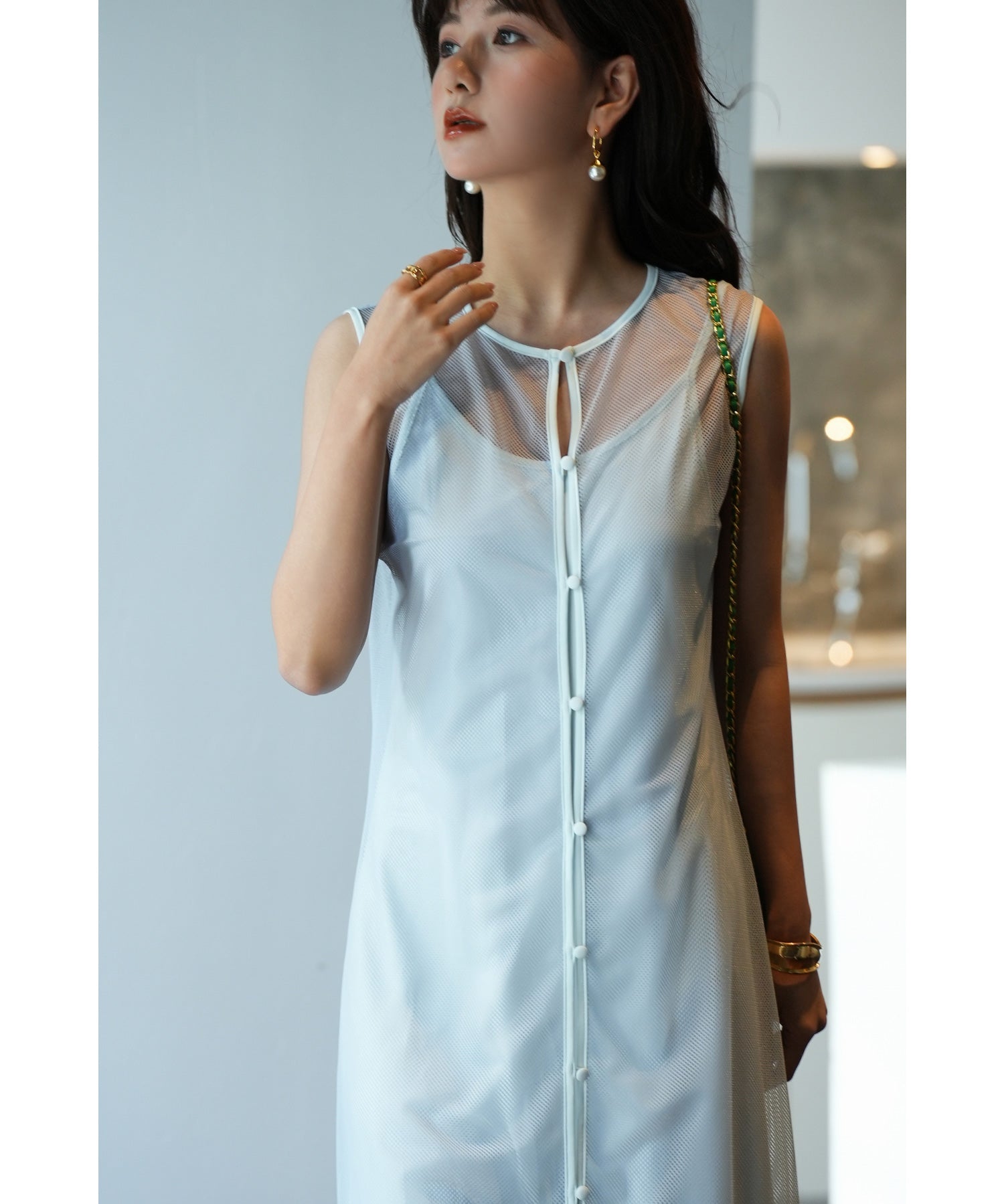 メッシュカーディガンとキャミワンピースの2点セットsdp0065 グレー