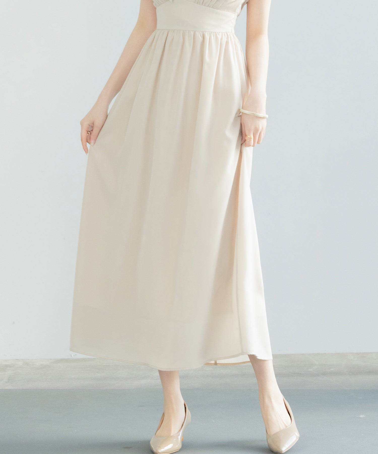 フリルカラーロング丈ジョゼットワンピースsdp0069 ベージュ