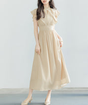 フリルカラーロング丈ジョゼットワンピースsdp0069 ベージュ