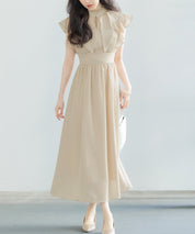 フリルカラーロング丈ジョゼットワンピースsdp0069 ベージュ