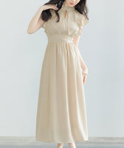 フリルカラーロング丈ジョゼットワンピースsdp0069 ベージュ