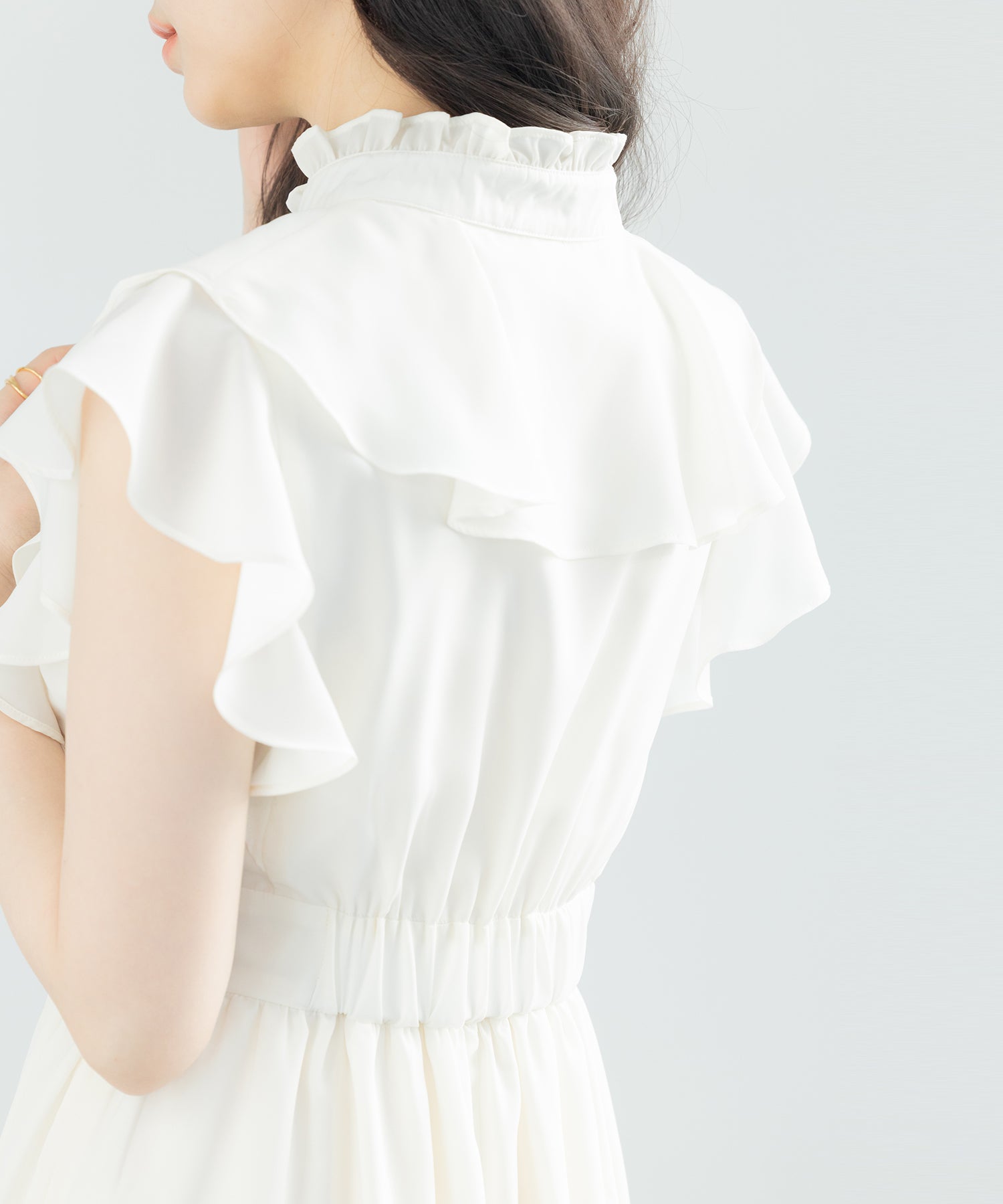 フリルカラーロング丈ジョゼットワンピースsdp0069 アイボリー