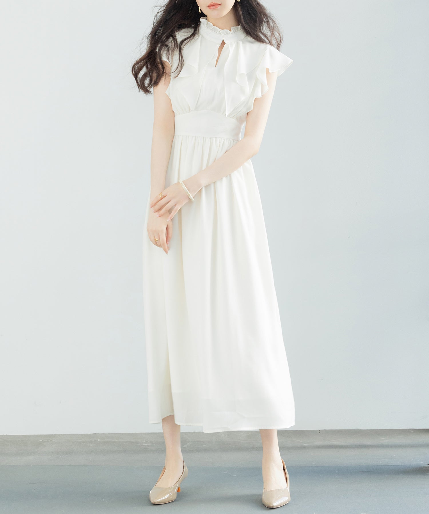 フリルカラーロング丈ジョゼットワンピースsdp0069 アイボリー