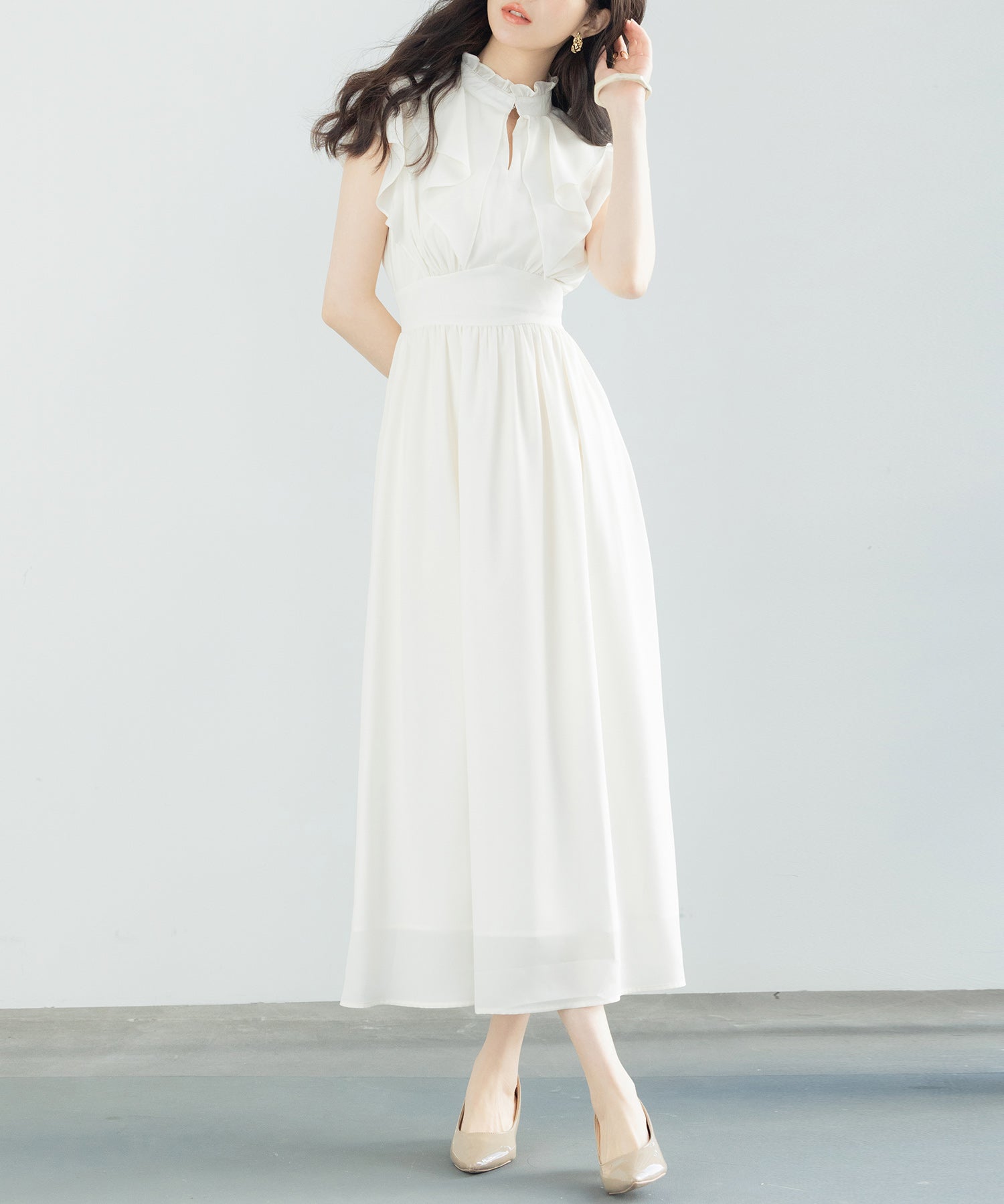 フリルカラーロング丈ジョゼットワンピースsdp0069 アイボリー