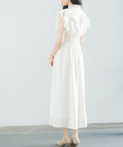 フリルカラーロング丈ジョゼットワンピースsdp0069 アイボリー