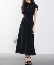 フリルカラーロング丈ジョゼットワンピースsdp0069 ブラック