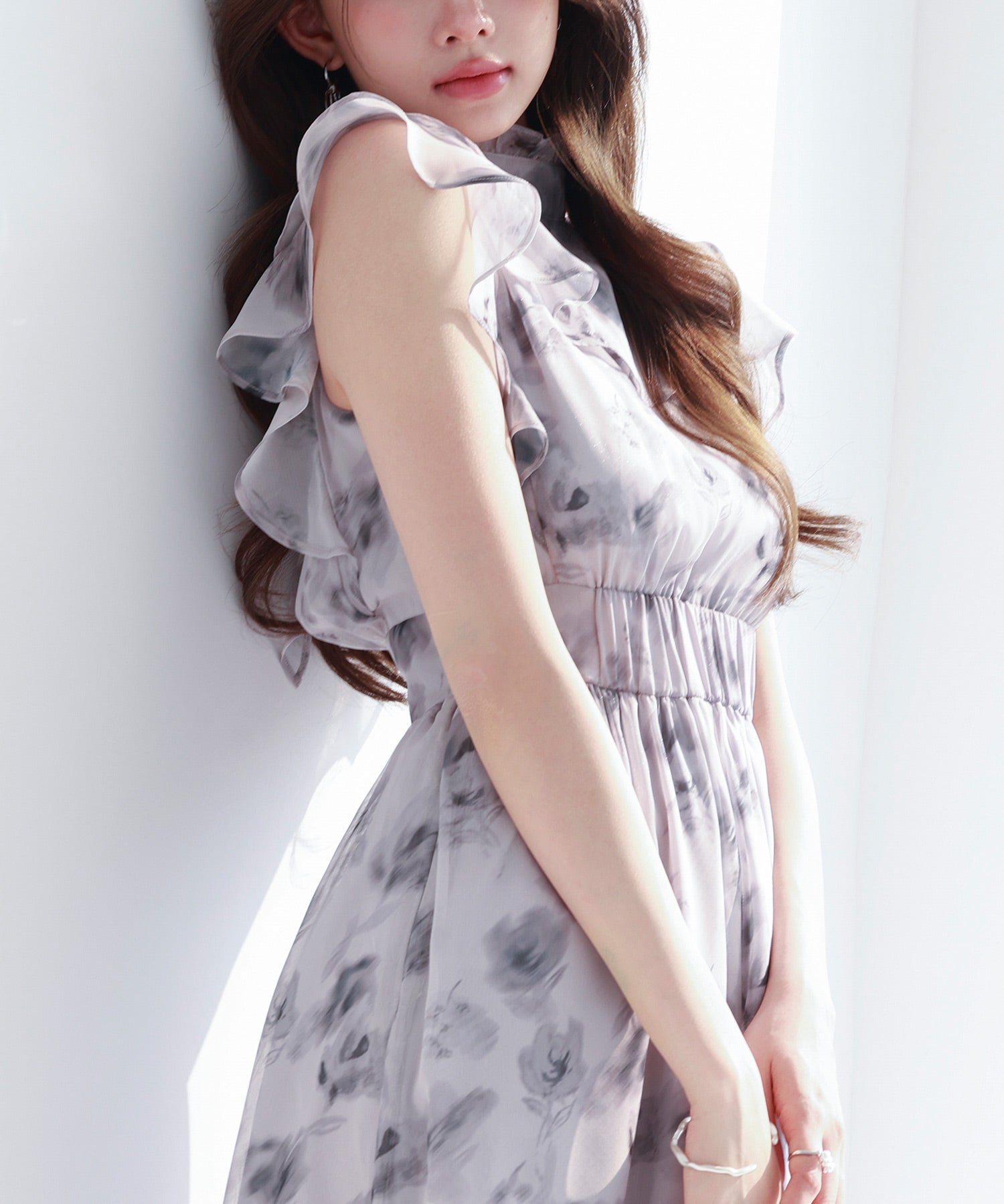 花柄シフォン生地ミモレ丈ワンピースsdp0069b ブラック