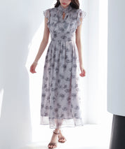 花柄シフォン生地ミモレ丈ワンピースsdp0069b ブラック