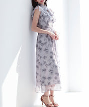 花柄シフォン生地ミモレ丈ワンピースsdp0069b ブラック