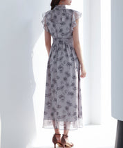 花柄シフォン生地ミモレ丈ワンピースsdp0069b ブラック