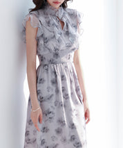 花柄シフォン生地ミモレ丈ワンピースsdp0069b ブラック