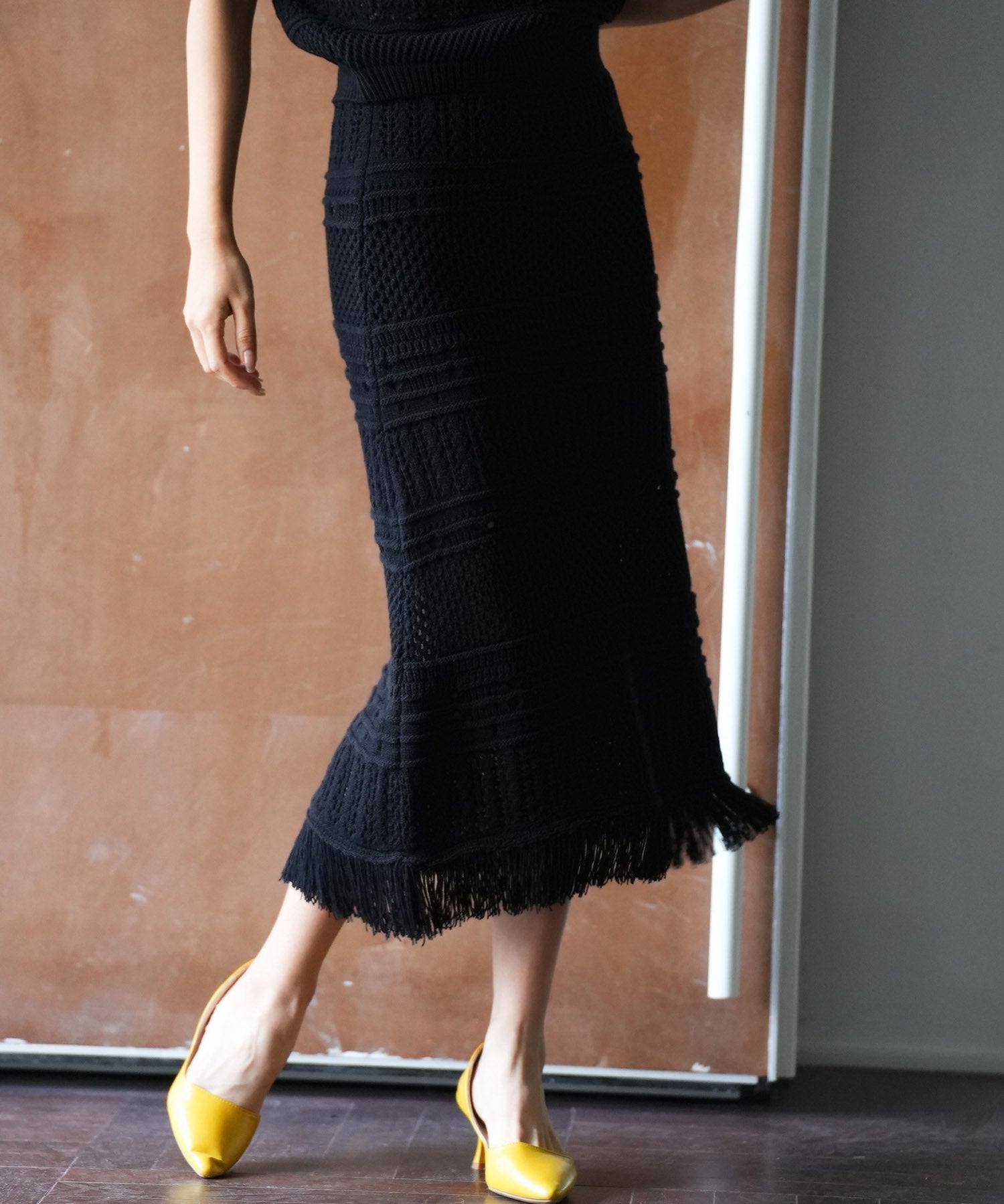 裏地付き透かし編みニットスカートsdp0072 ブラック
