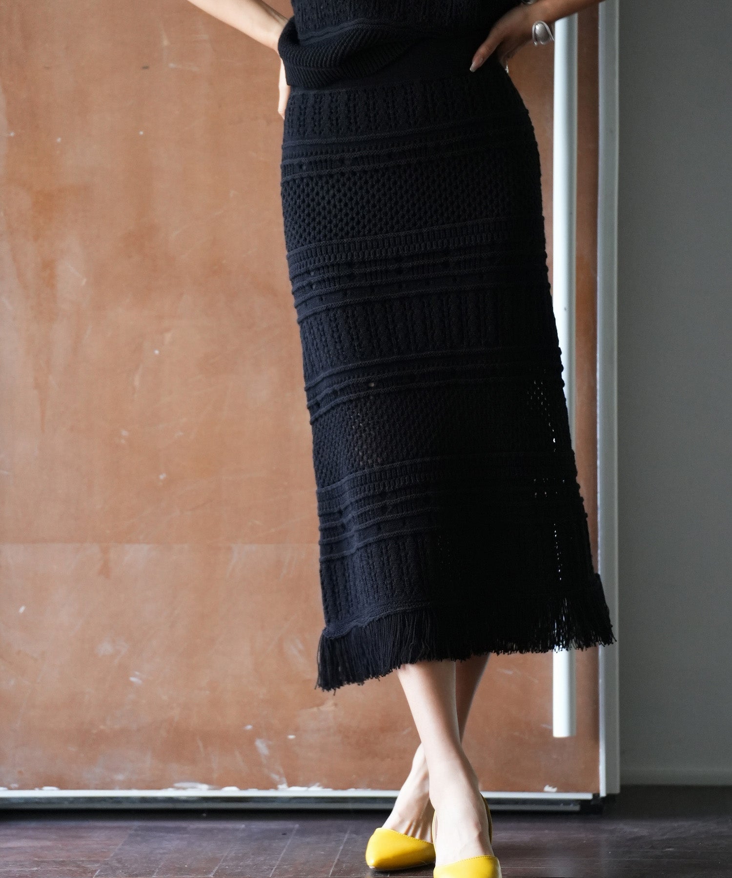 裏地付き透かし編みニットスカートsdp0072 ブラック