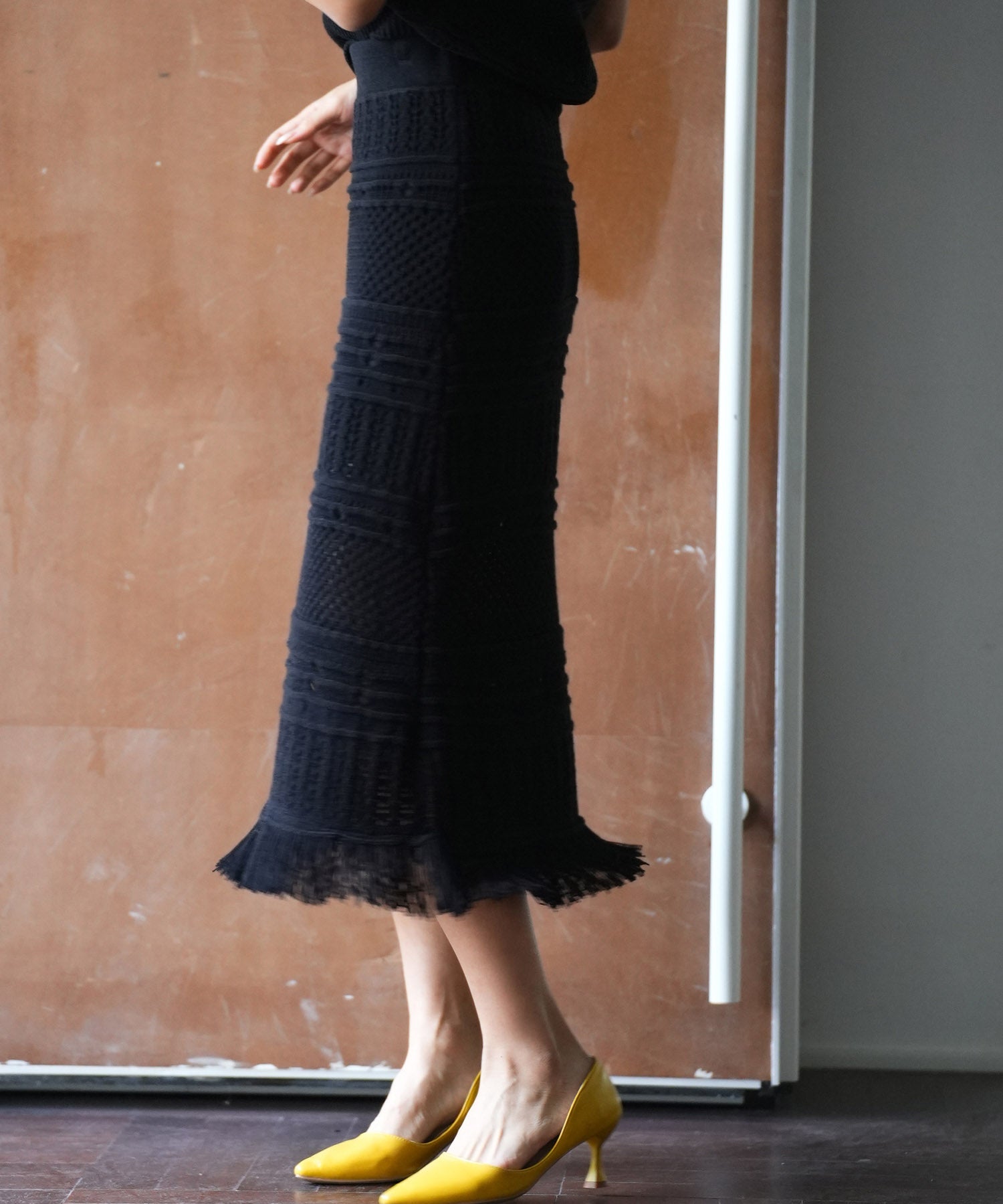 裏地付き透かし編みニットスカートsdp0072 ブラック