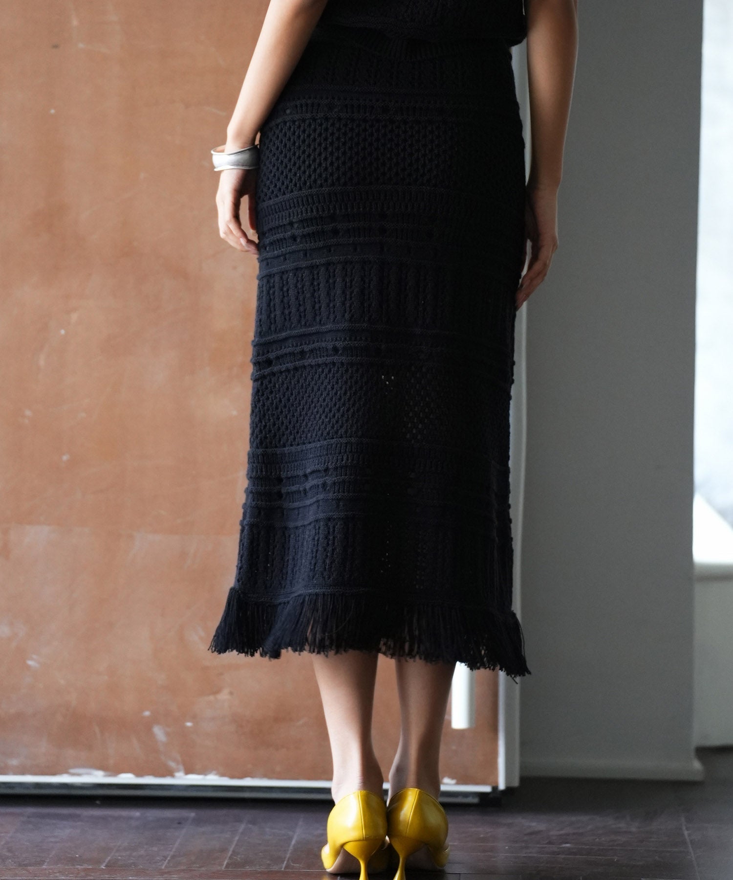 裏地付き透かし編みニットスカートsdp0072 ブラック
