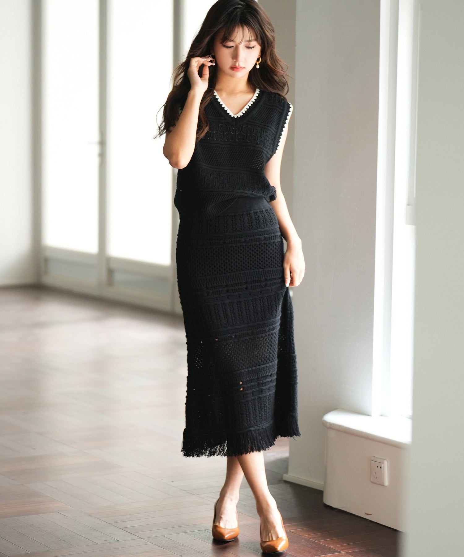 裏地付き透かし編みニットスカートsdp0072 ブラック