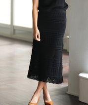 裏地付き透かし編みニットスカートsdp0072 ブラック
