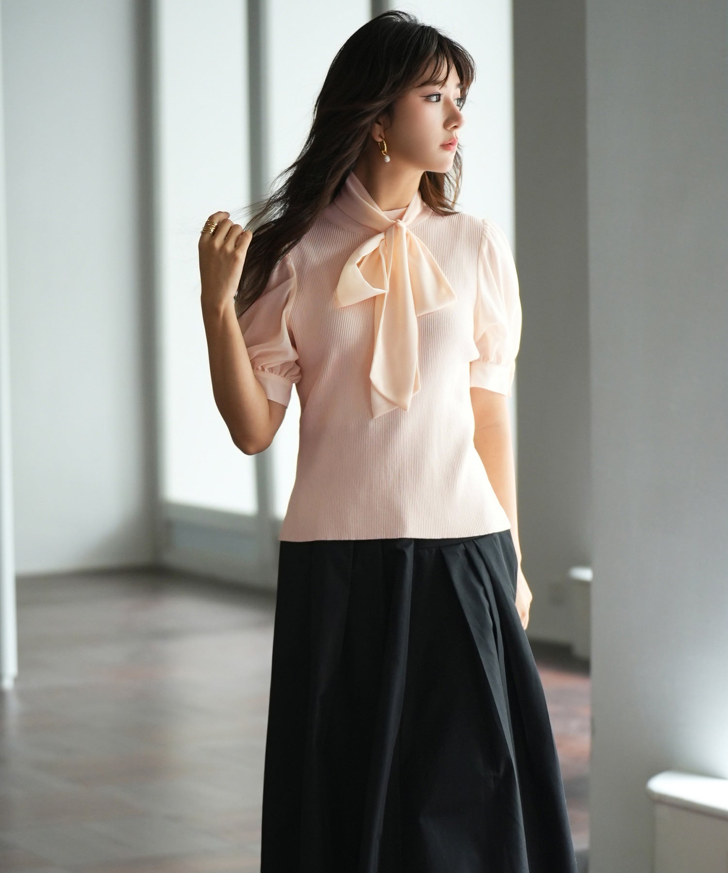 シフォンスリーブとリブニットの異素材プルオーバーsdp0073 ピンクベージュ