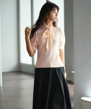 シフォンスリーブとリブニットの異素材プルオーバーsdp0073 ピンクベージュ