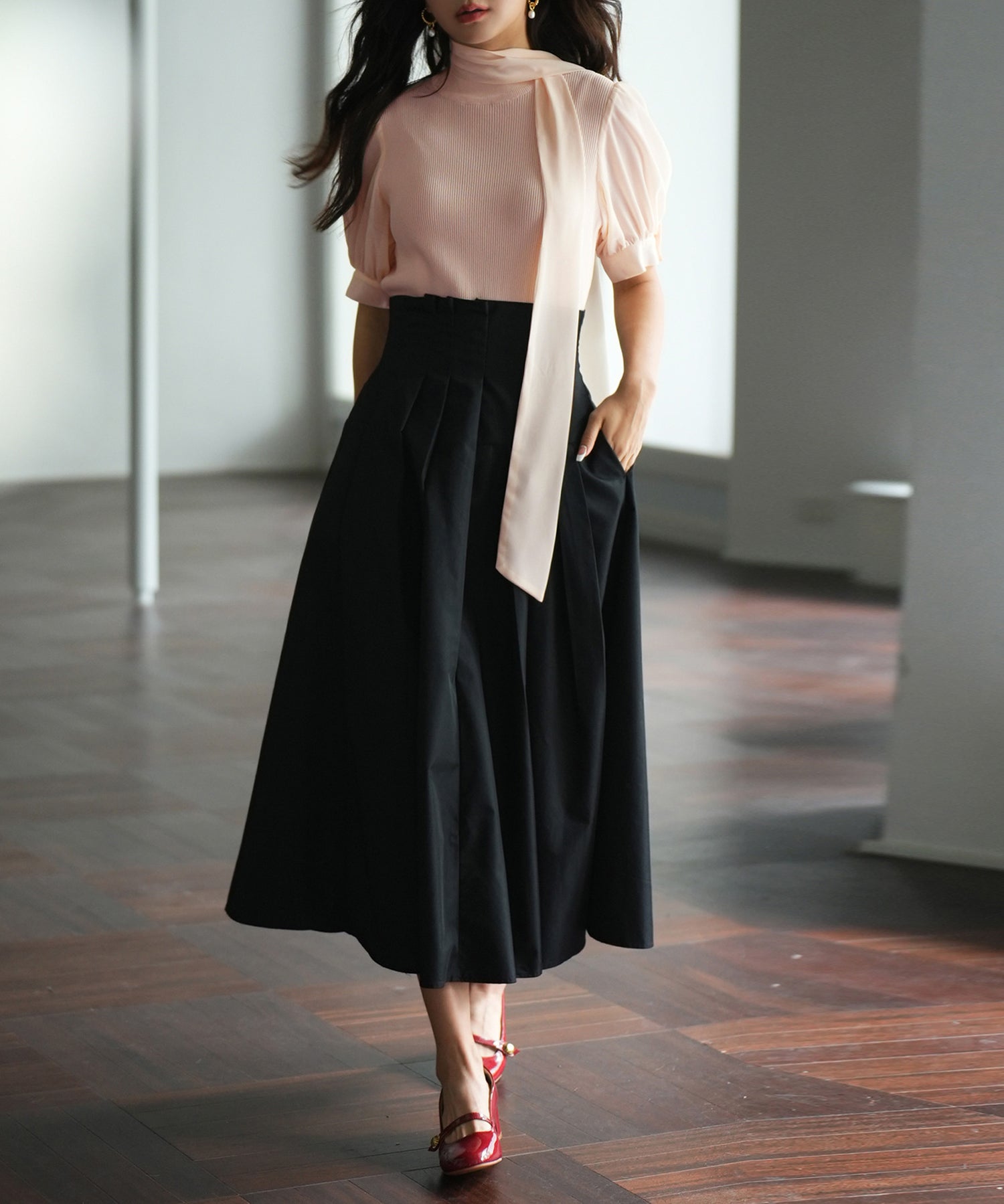 シフォンスリーブとリブニットの異素材プルオーバーsdp0073 ピンクベージュ