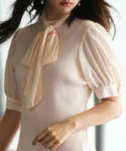 シフォンスリーブとリブニットの異素材プルオーバーsdp0073 ピンクベージュ