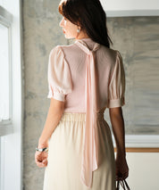 シフォンスリーブとリブニットの異素材プルオーバーsdp0073 ピンクベージュ