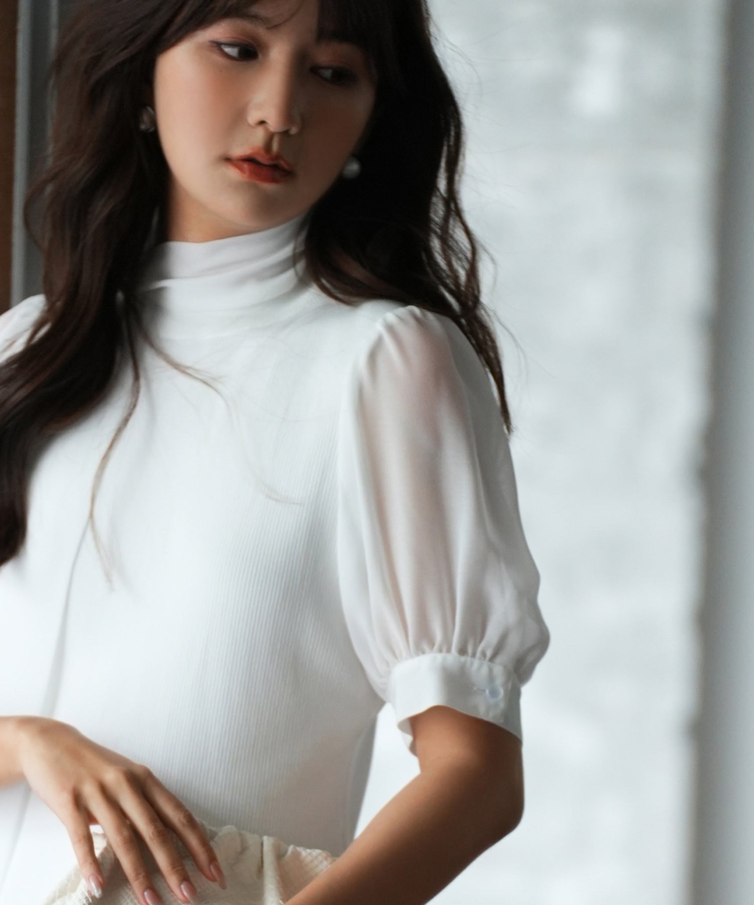 シフォンスリーブとリブニットの異素材プルオーバーsdp0073 ホワイト